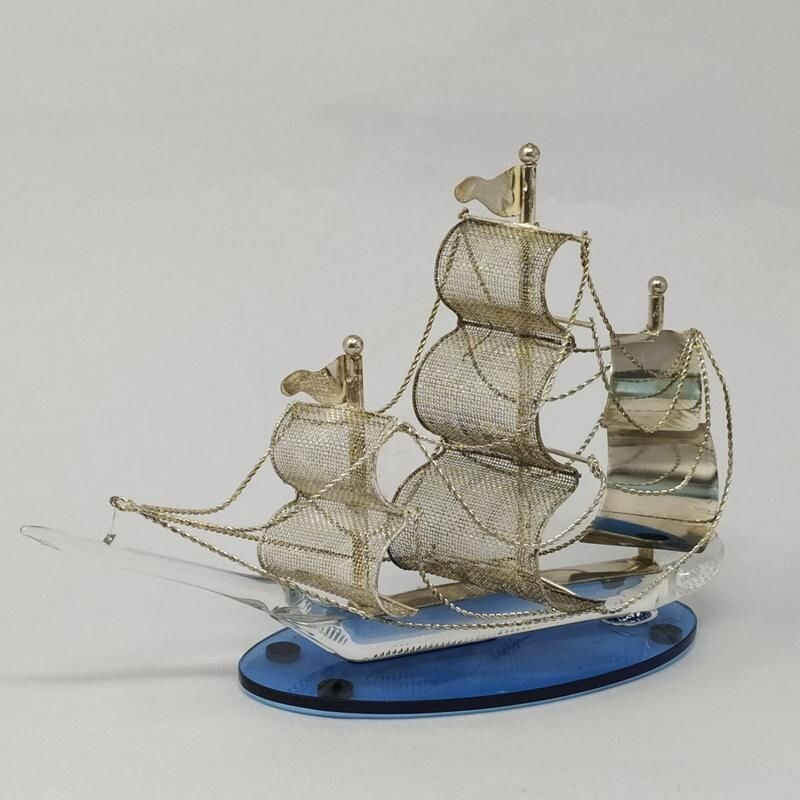 Pair of vintage handmade metal and Murano glass sailing ships 1960s