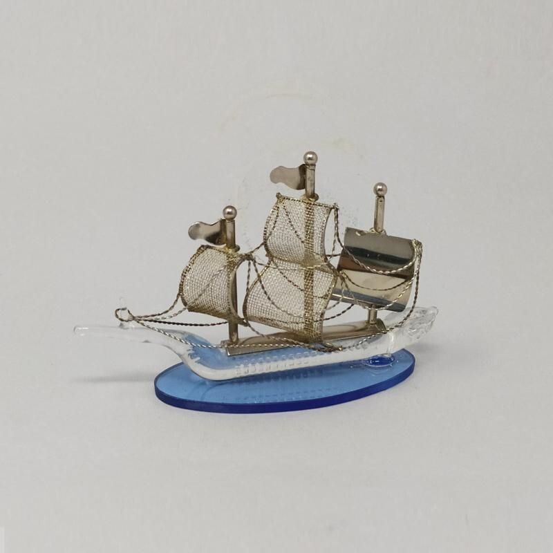 Pair of vintage handmade metal and Murano glass sailing ships 1960s