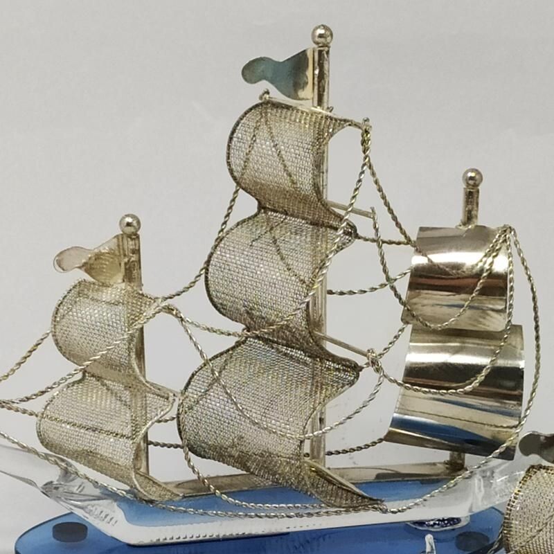 Pair of vintage handmade metal and Murano glass sailing ships 1960s