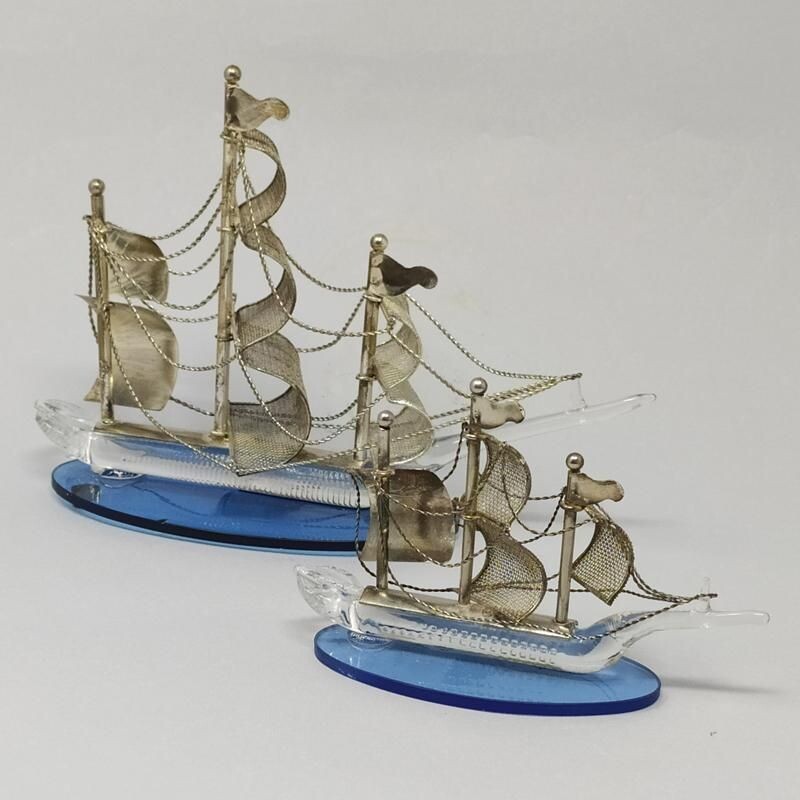 Pair of vintage handmade metal and Murano glass sailing ships 1960s