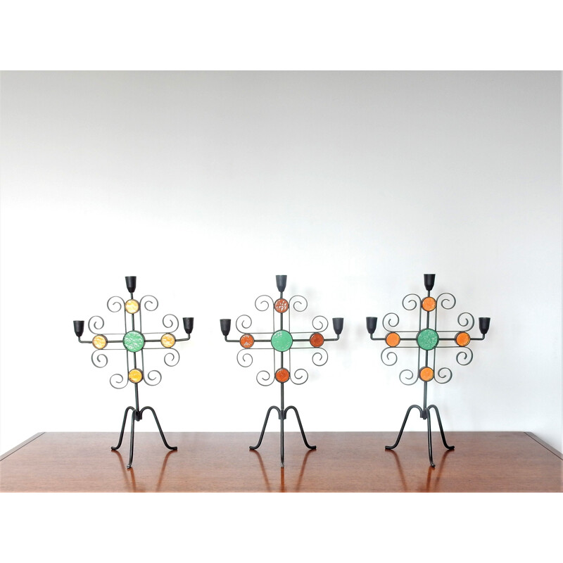 Set of 3 vintage wrought iron and glass candle holders by Gunnar Ander for Ystad-Metall, Sweden 1960