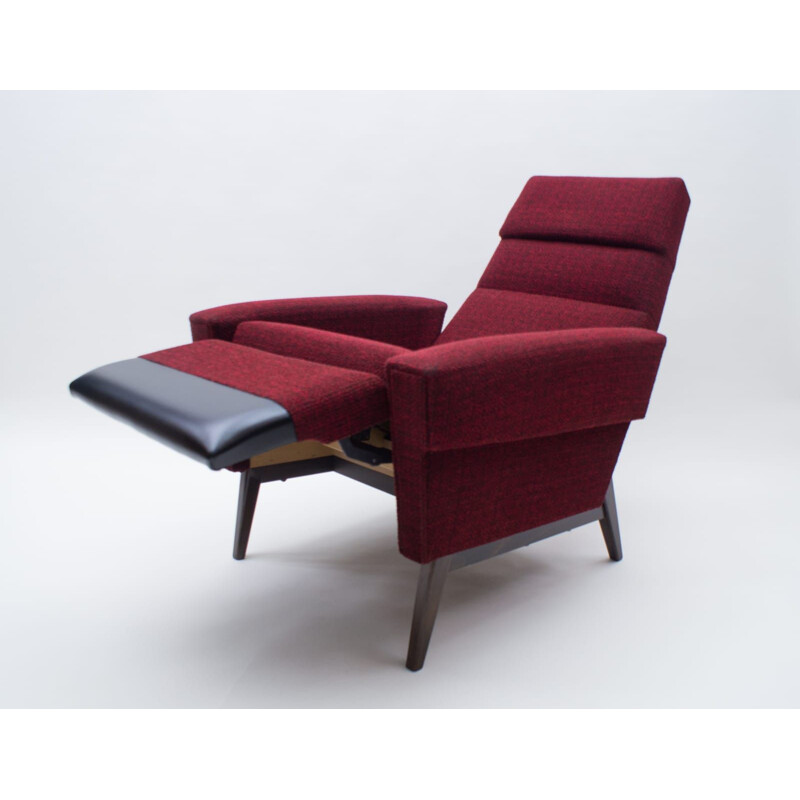 Fauteuil lounge vintage en bois et tissu, scandinave 1960