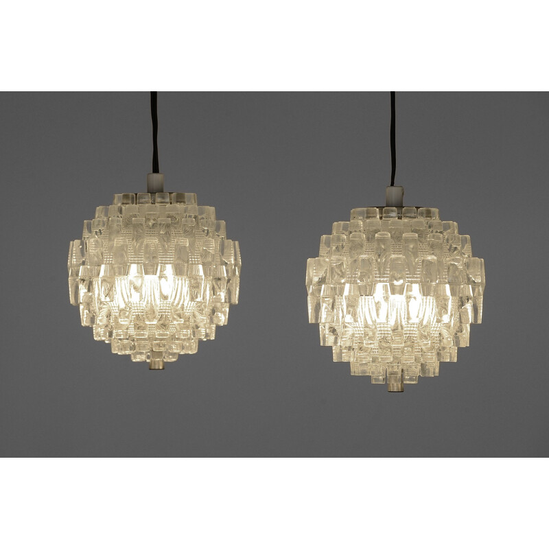 Pair of vintage glass pendant lights by Carl Fagerlund for Orrefors. Sweden 1960s