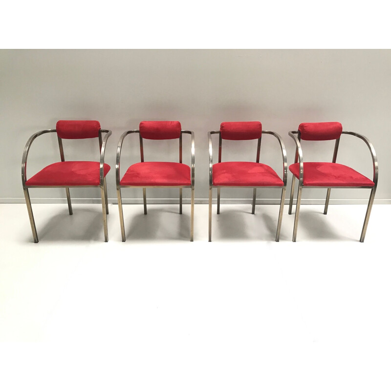 Set of 4 vintage brass and velvet yacht chairs USA art deco 1970