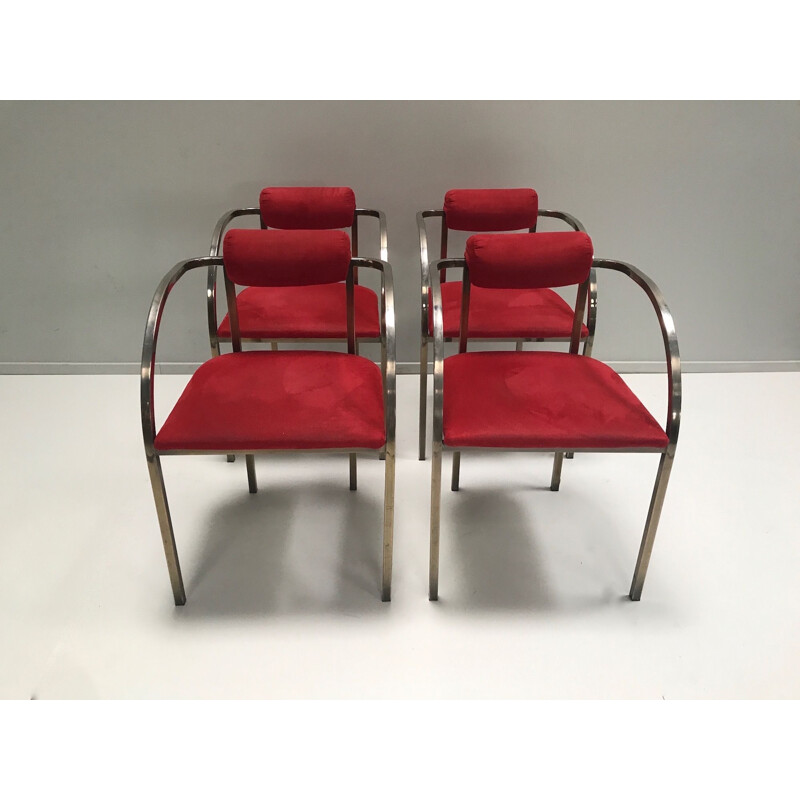 Set of 4 vintage brass and velvet yacht chairs USA art deco 1970