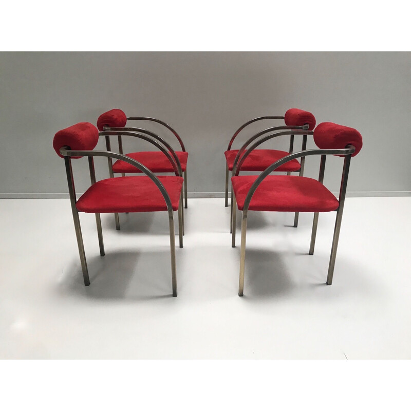 Set of 4 vintage brass and velvet yacht chairs USA art deco 1970