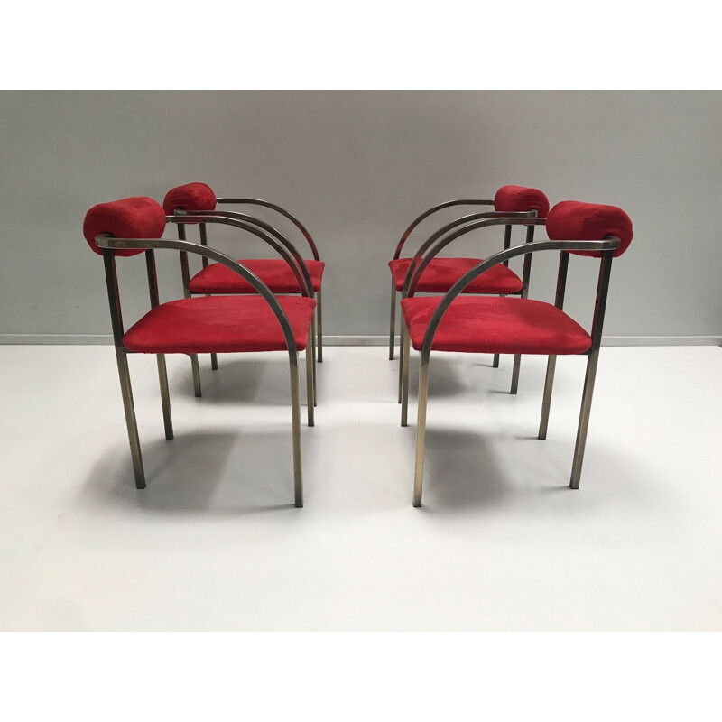 Set of 4 vintage brass and velvet yacht chairs USA art deco 1970