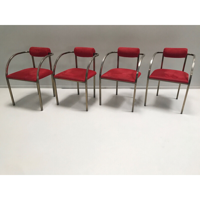 Set of 4 vintage brass and velvet yacht chairs USA art deco 1970