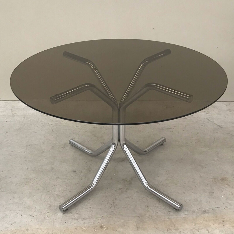 Table ronde vintage en verre et chrome 1970