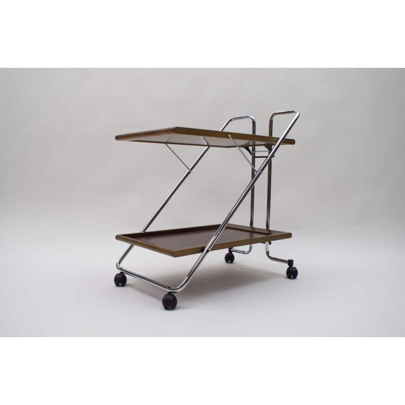 Vintage folding serving trolley in walnut and chrome 1960