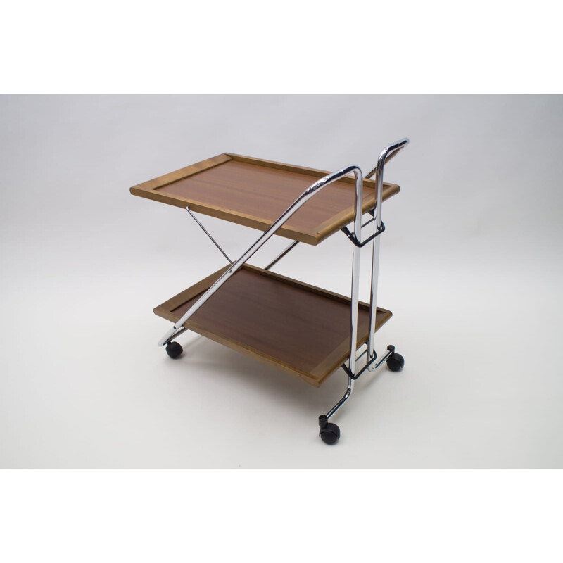 Vintage folding serving trolley in walnut and chrome 1960