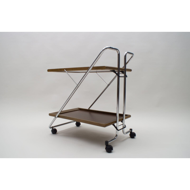 Vintage folding serving trolley in walnut and chrome 1960