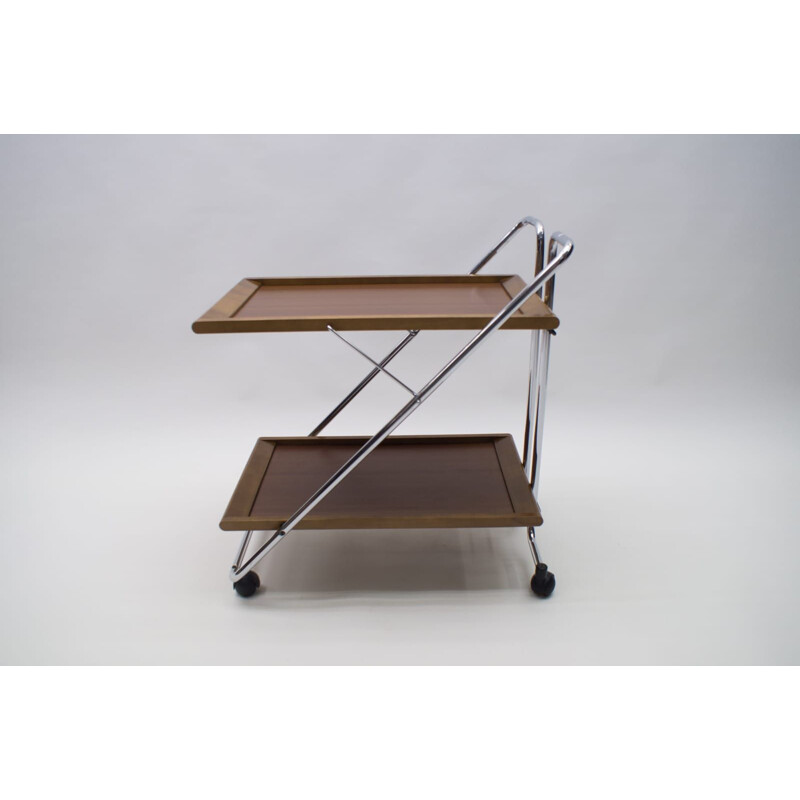 Vintage folding serving trolley in walnut and chrome 1960