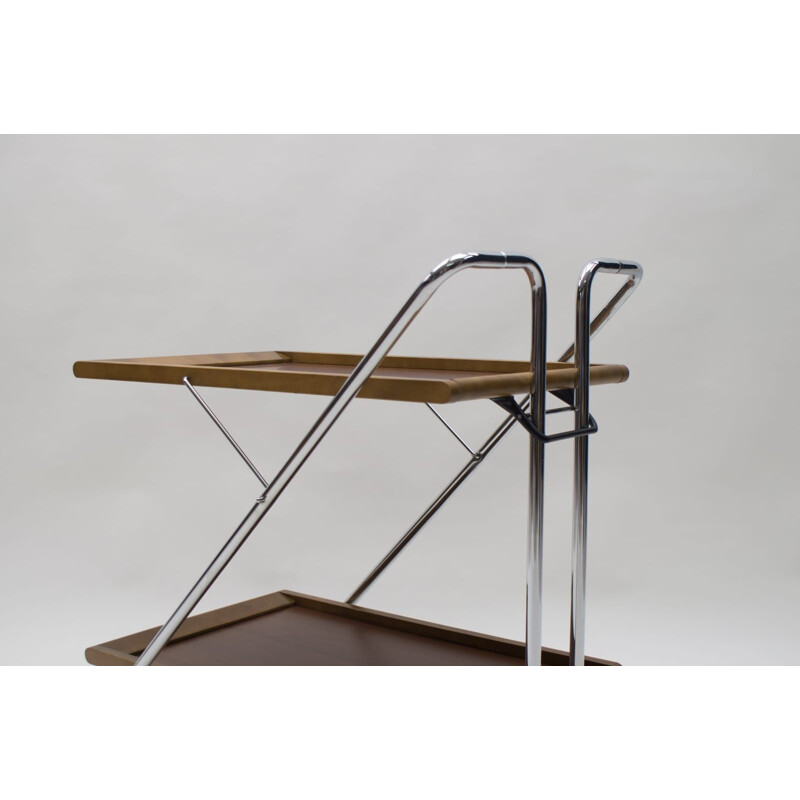 Vintage folding serving trolley in walnut and chrome 1960