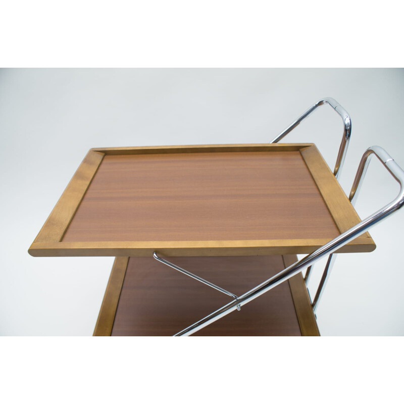 Vintage folding serving trolley in walnut and chrome 1960