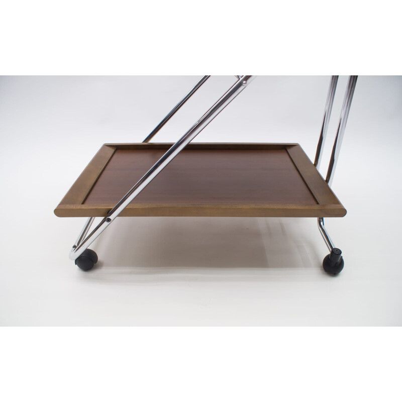 Vintage folding serving trolley in walnut and chrome 1960