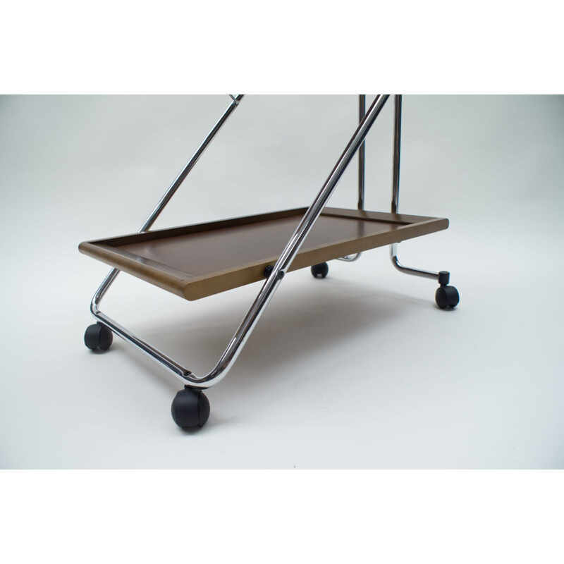Vintage folding serving trolley in walnut and chrome 1960
