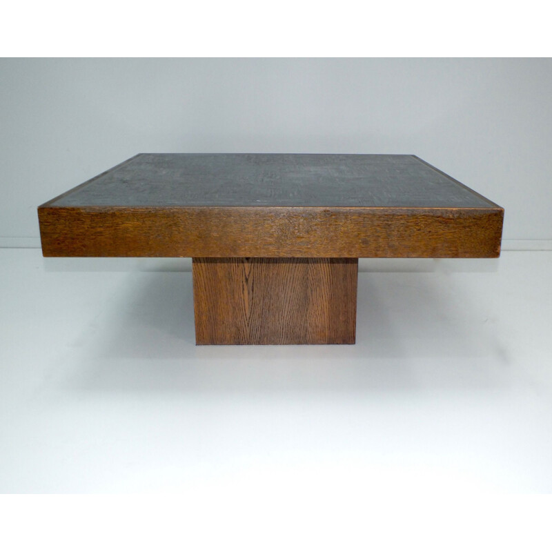 Vintage brutalist coffee table in zinc and engraved wood, Bernhard Rohne 1960