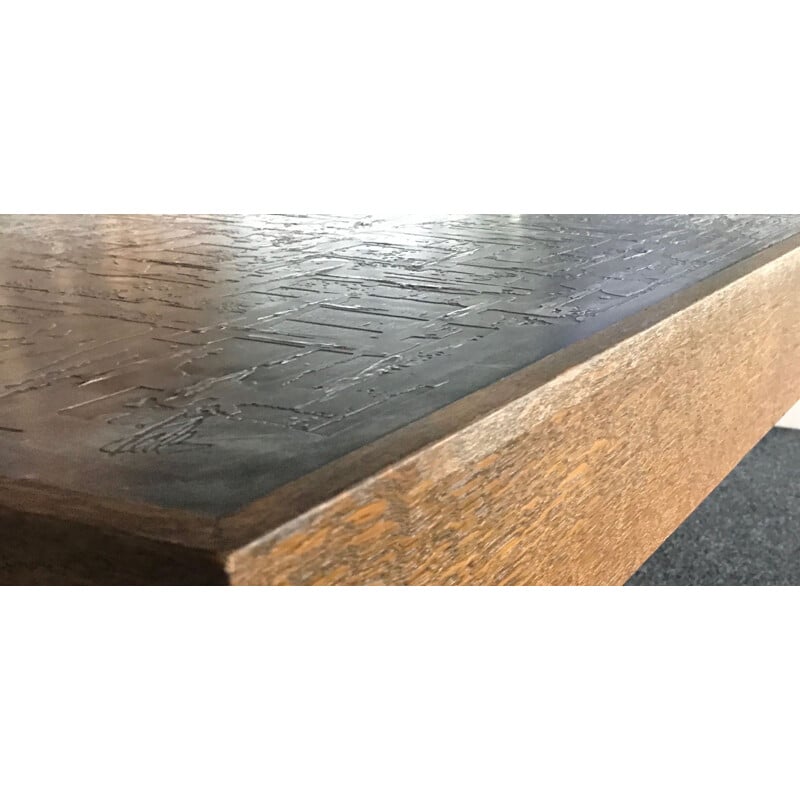 Table basse vintage brutaliste en zinc et bois gravée, Bernhard Rohne 1960