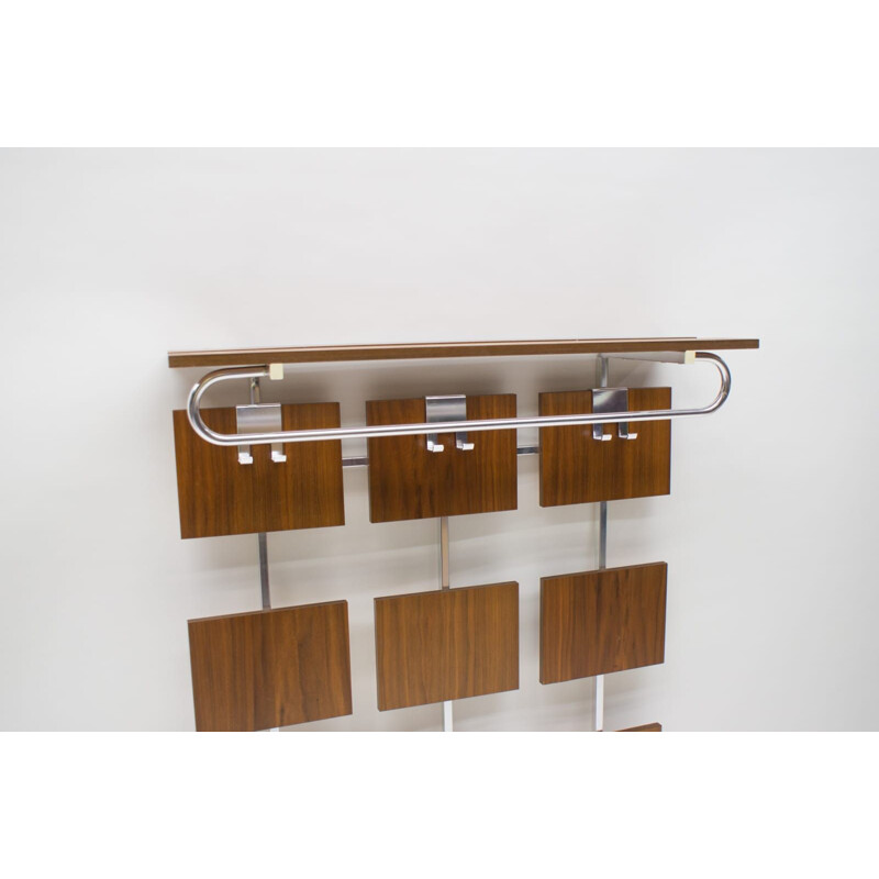 Vintage walnut and chrome wall-mounted coat rack shelf 1970's