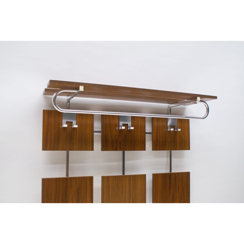 Vintage walnut and chrome wall-mounted coat rack shelf 1970's