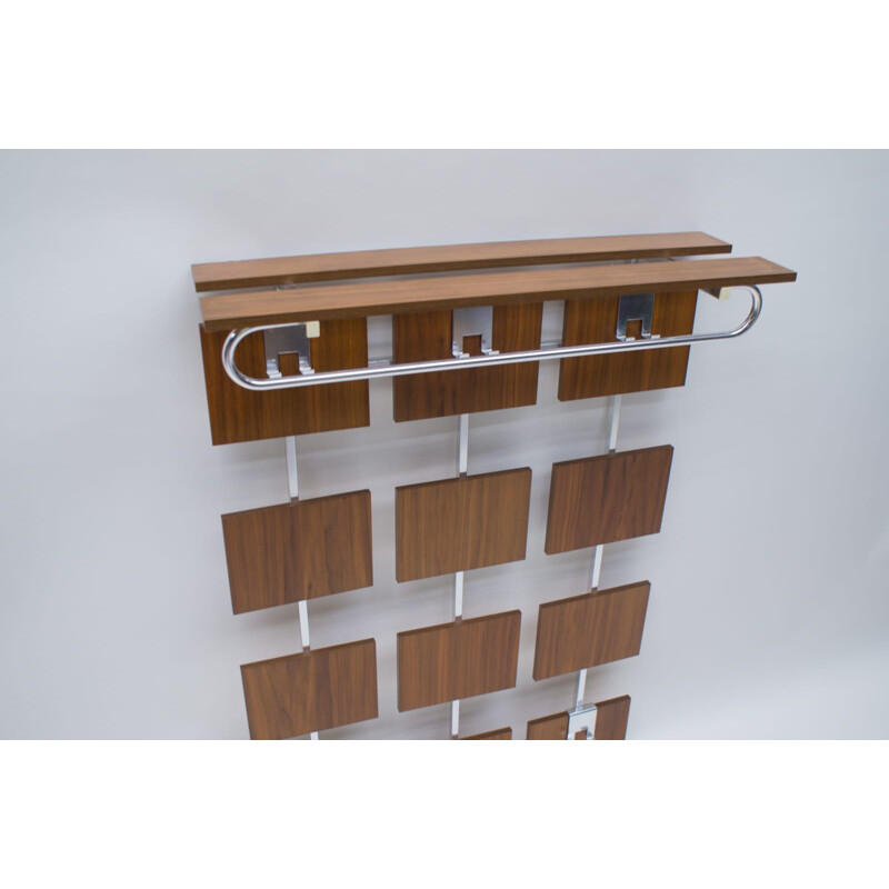 Vintage walnut and chrome wall-mounted coat rack shelf 1970's