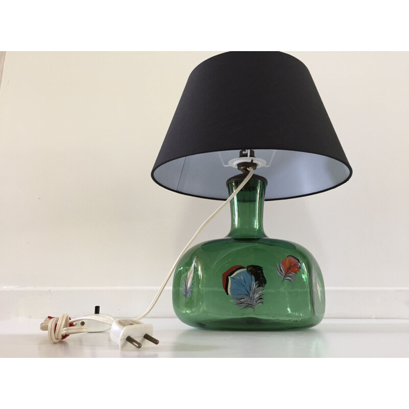 Vintage Hand Painted Blown Glass and Feathers Lamp