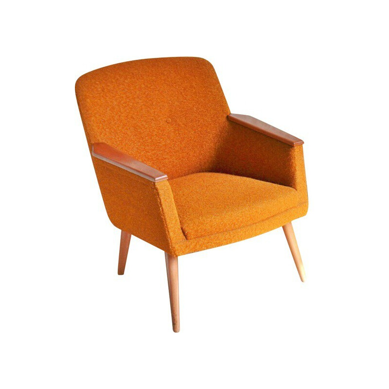 Mid century armchair in wood and orange fabric - 1950s