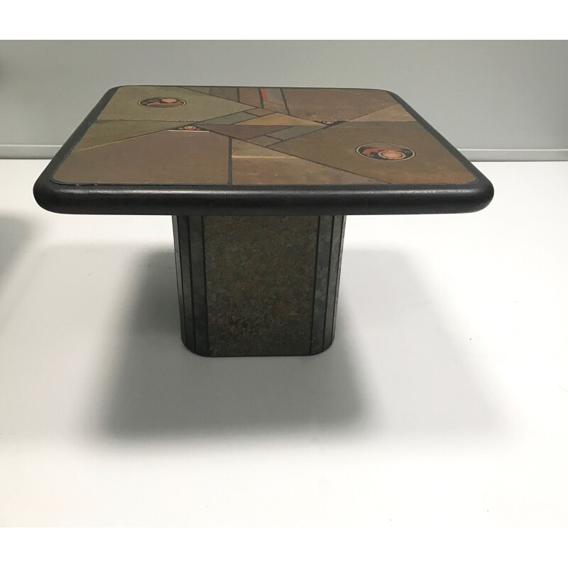 Paire de table basse vintage en mosaïque de pierre et de laiton par Anthony Paul Kingma 1980