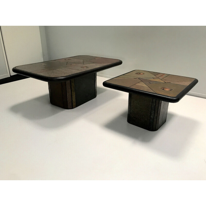 Pair of vintage stone and brass mosaic coffee table by Anthony Paul Kingma 1980