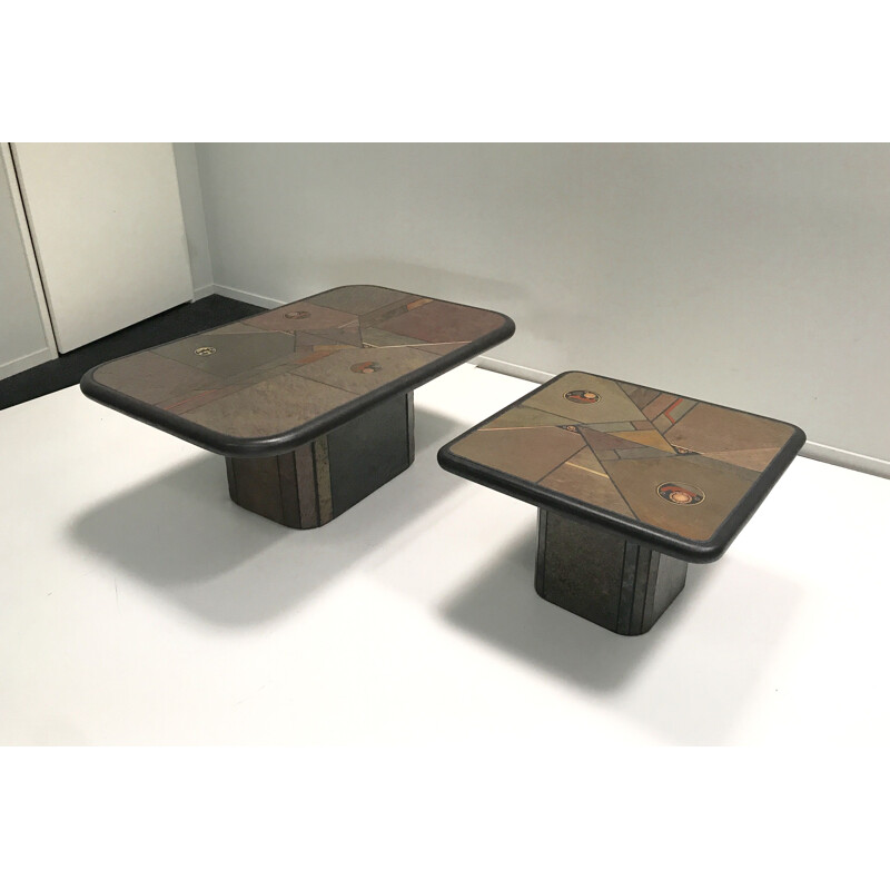 Pair of vintage stone and brass mosaic coffee table by Anthony Paul Kingma 1980