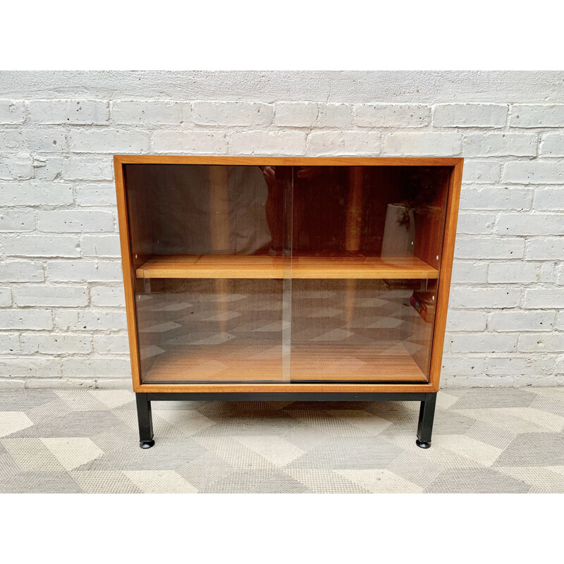 Small vintage teak bookcase with glass doors