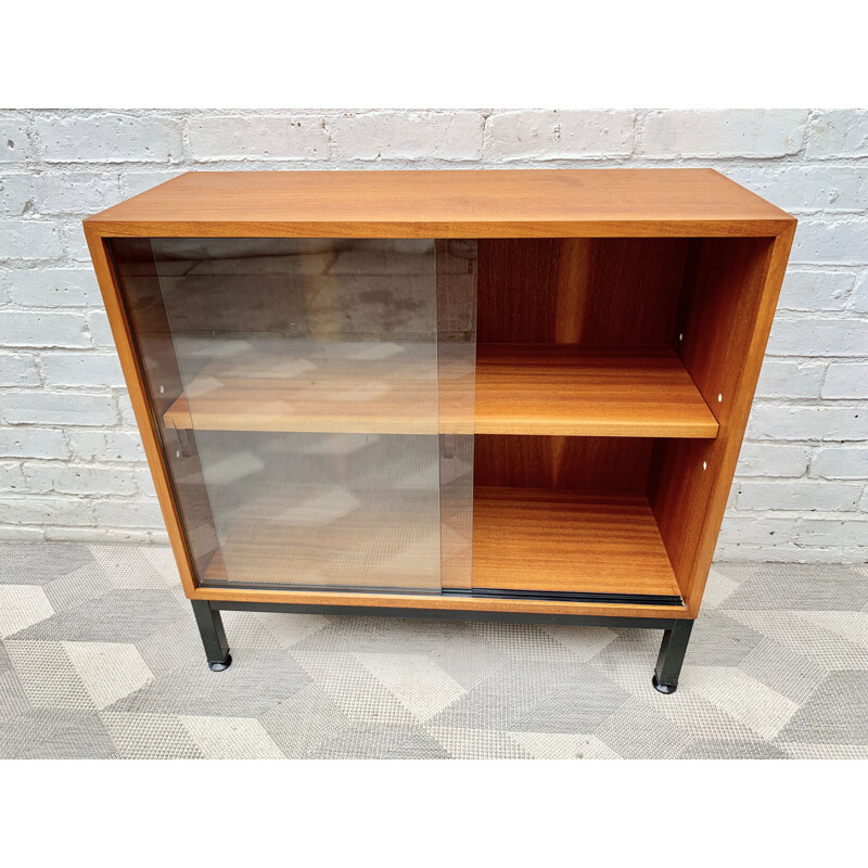Small vintage teak bookcase with glass doors