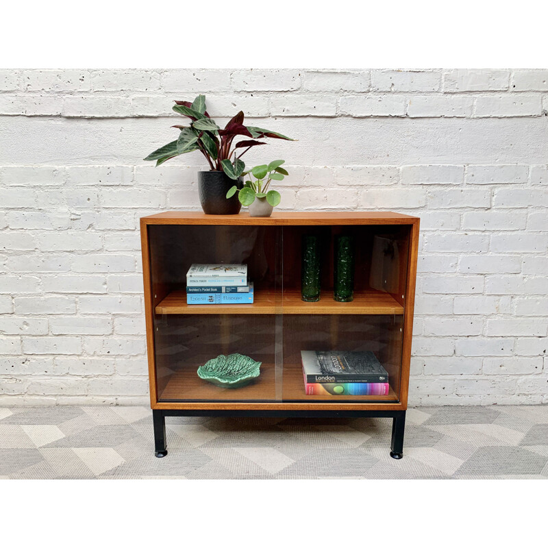 Small vintage teak bookcase with glass doors