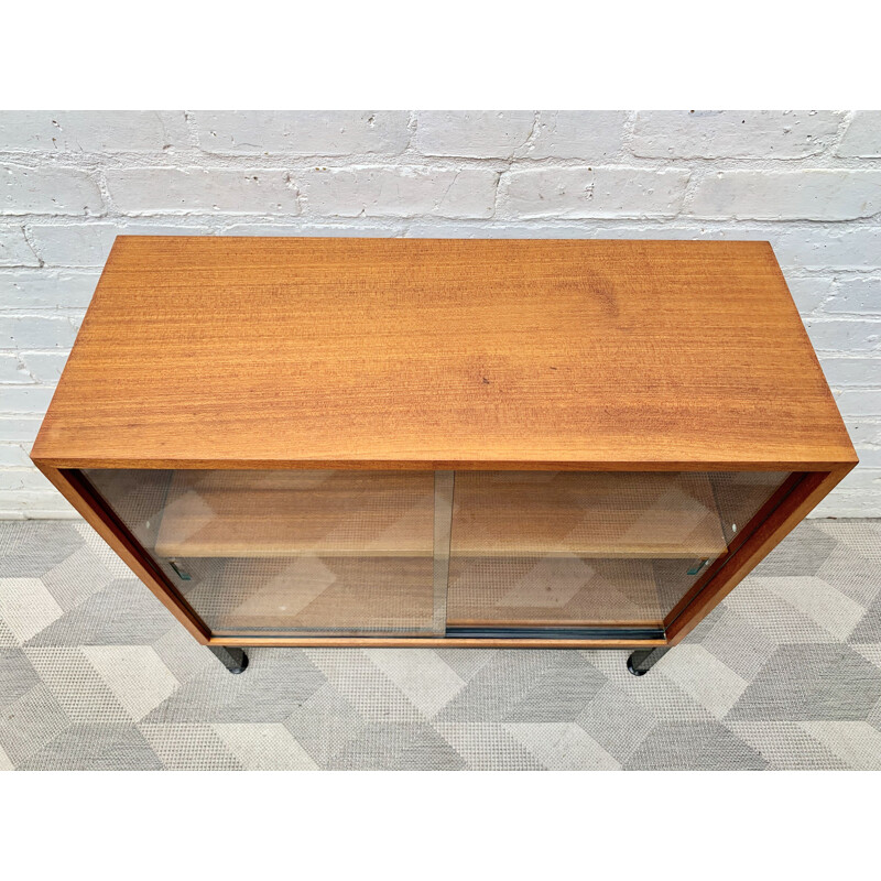 Small vintage teak bookcase with glass doors