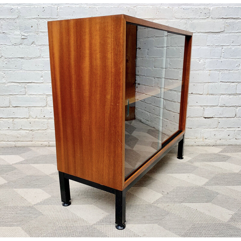 Small vintage teak bookcase with glass doors