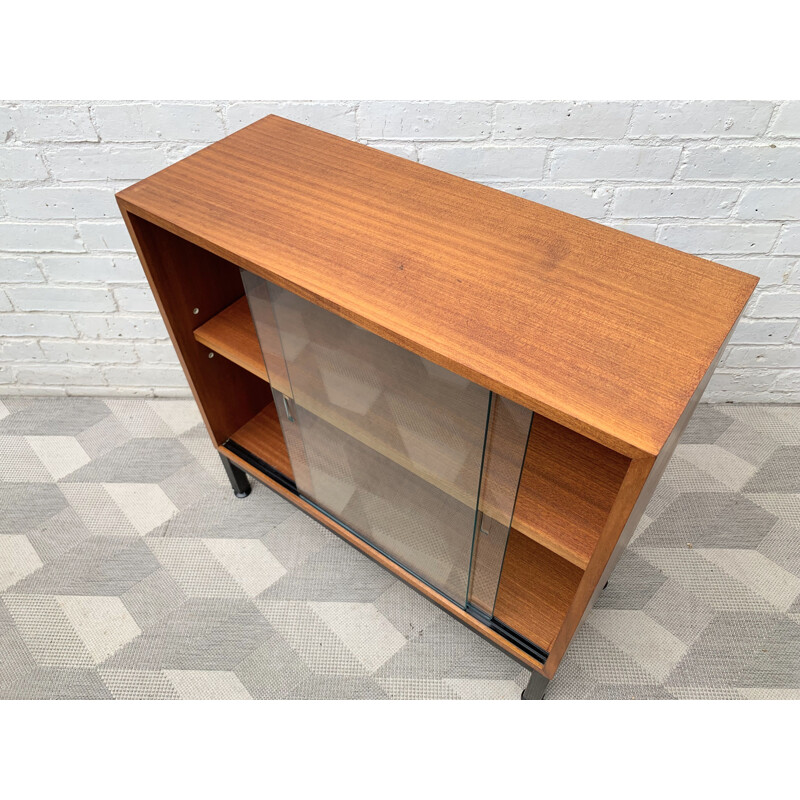 Small vintage teak bookcase with glass doors