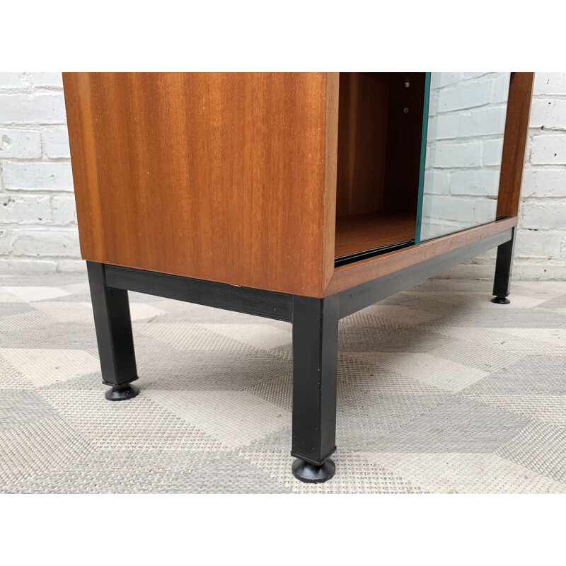 Small vintage teak bookcase with glass doors