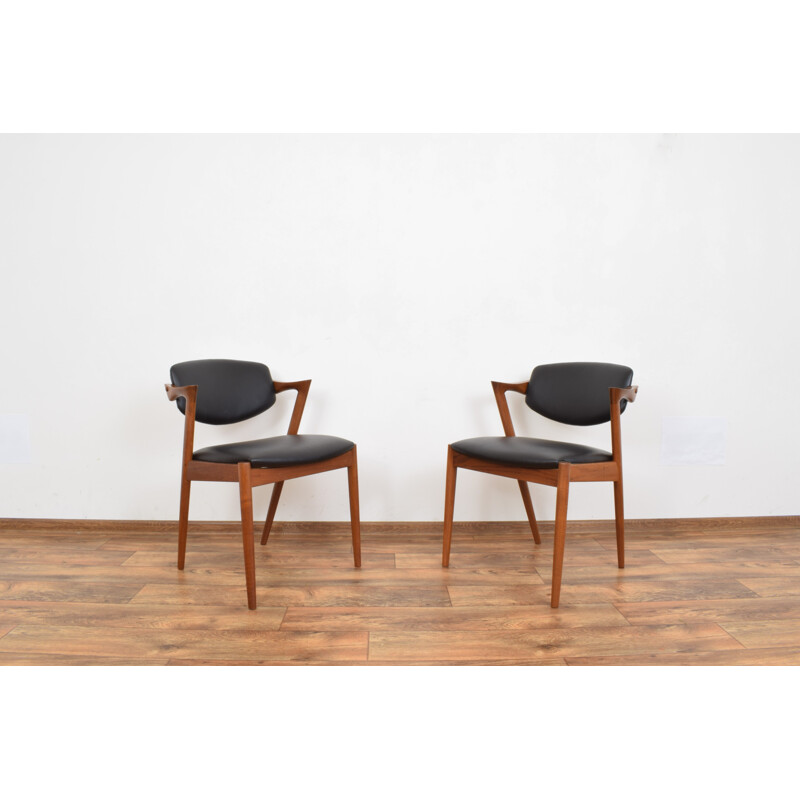 Pair of vintage teak and leather armchairs model 42 by Kai Kristiansen for Schou Andersen, Denmark, 1960
