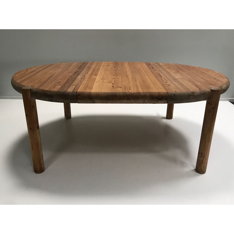 Vintage round pine extensible table Brutaliste by Rainer Daumiller for Hirtshals Savvaerk 1970