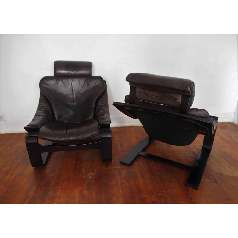 Pair of vintage armchairs and footrests Scandinavian 1970