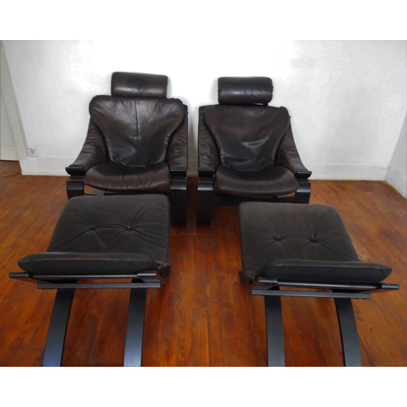 Pair of vintage armchairs and footrests Scandinavian 1970
