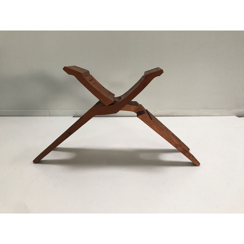 Vintage Foldable carved teak modernist stool South America 1970s