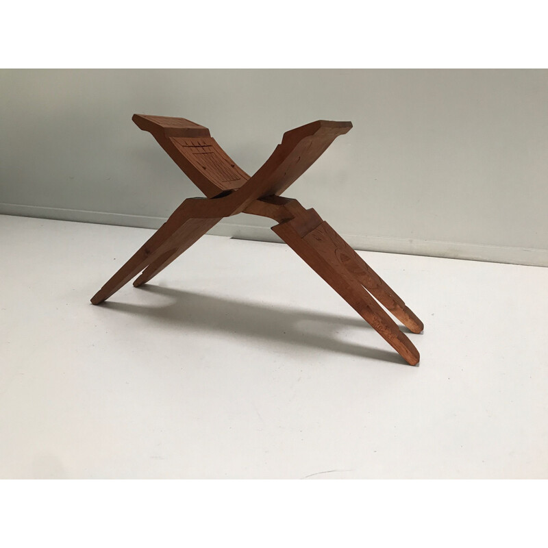 Taburete modernista de madera de teca tallada, plegable, Sudamérica 1970