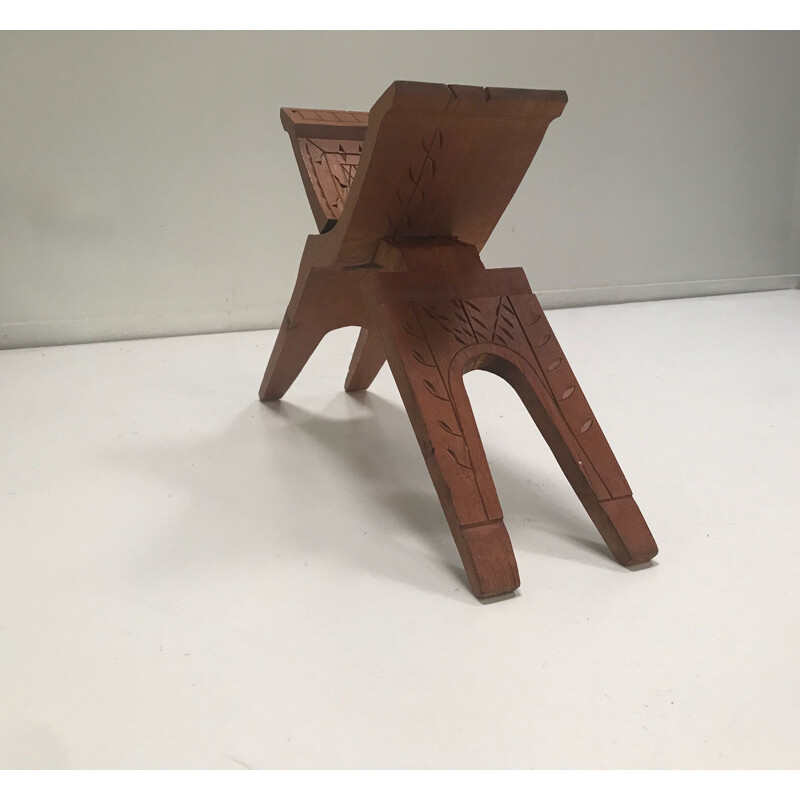 Vintage Foldable carved teak modernist stool South America 1970s