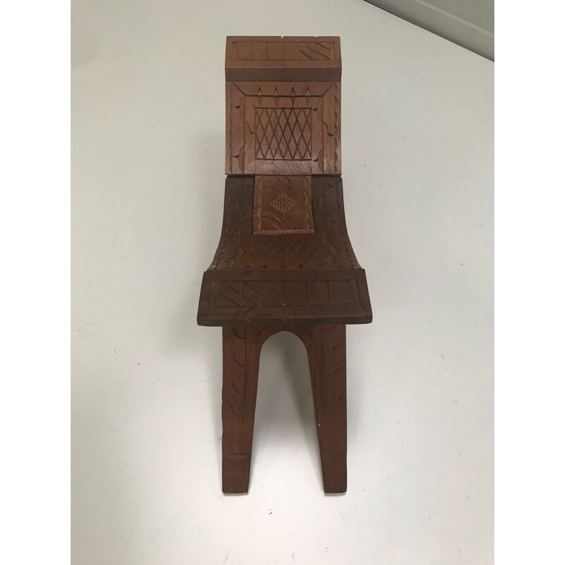 Taburete modernista de madera de teca tallada, plegable, Sudamérica 1970