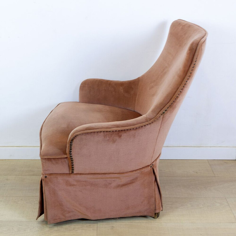 Pair of Vintage Pink Velvet Club Chairs, Spain, 1940s