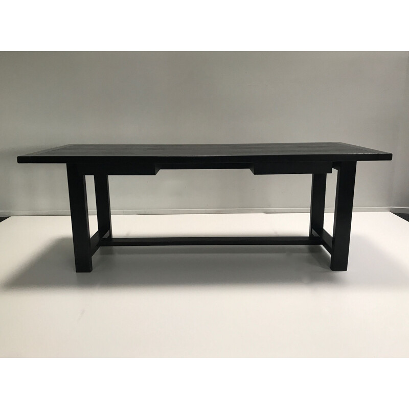 Long vintage Black oak brutalist dining table by De Coene Belgium 1970s