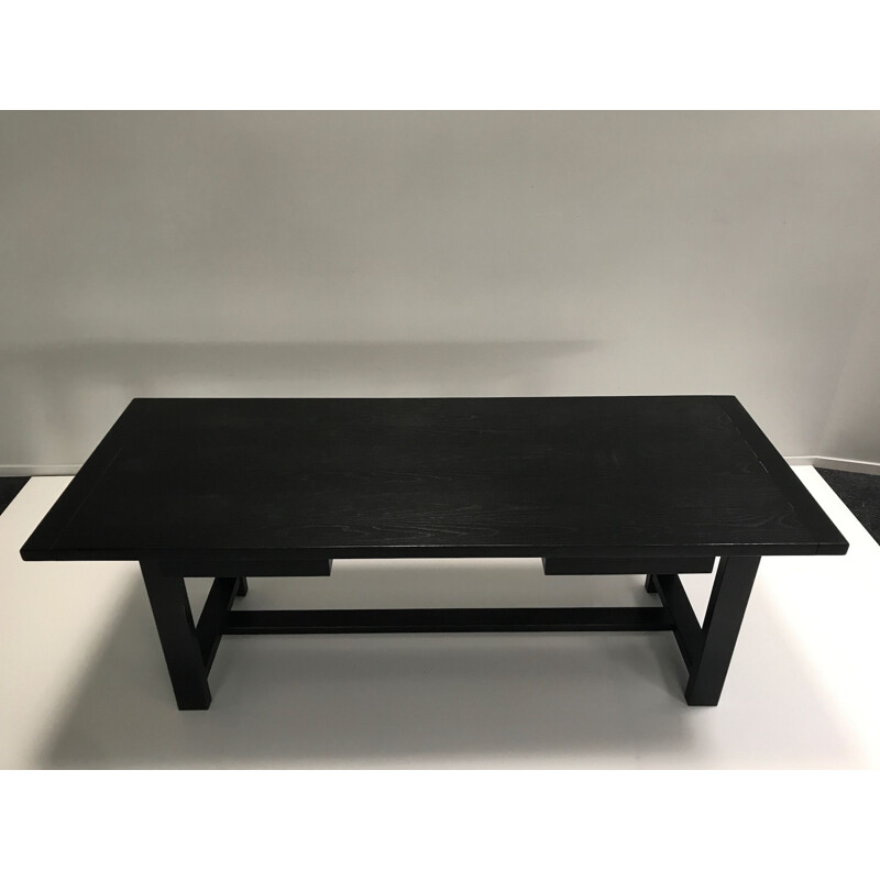 Long vintage Black oak brutalist dining table by De Coene Belgium 1970s