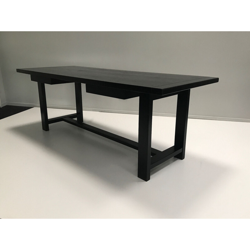 Long vintage Black oak brutalist dining table by De Coene Belgium 1970s